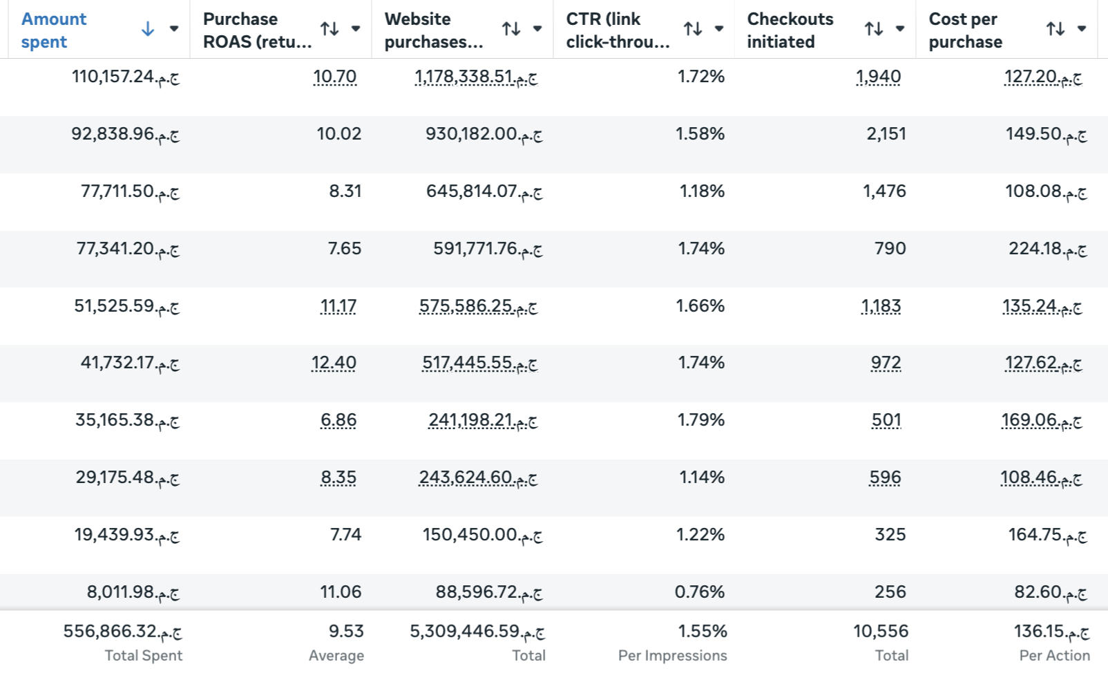 Meta Ads Manager — 9.53x avg ROAS across accounts